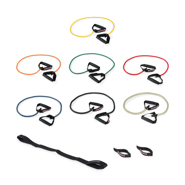 Seven Bells of Steel USA Human Trainer - Ripcords resistance bands in various colors, featuring durable rubber handles, a black strap, a door anchor, and two small black loops, are neatly arranged on a white background.