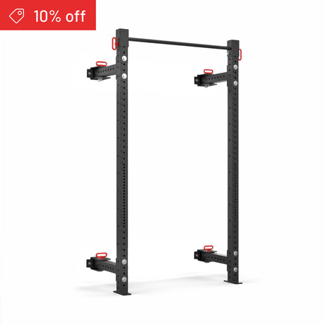 The Bells of Steel Roc Foldable 2 Post Cage Builder features sturdy 3"x3" uprights with ⅝" holes and red adjustment handles, ideal for home gym strength training. Displayed on white with a red "10% off" banner in the top left corner.