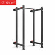 The Bells of Steel Roc Foldable 4 Post Cage Builder (3" x 3", ⅝" Holes), a black steel power rack ideal for home gyms, stands on a white background. A red banner in the top left shows "10% off" with a price tag icon.