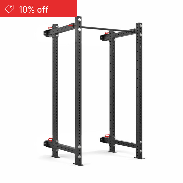 The Bells of Steel Roc Foldable 4 Post Cage Builder (3" x 3", ⅝" Holes) stands tall in black steel against a white background, with a red "10% off" banner—an ideal power rack for any home gym.