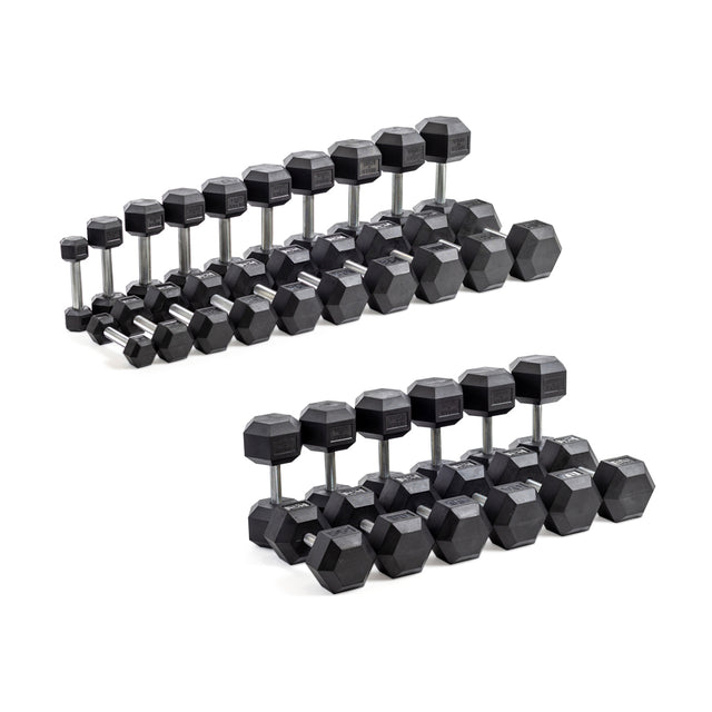 Two rows of Bells of Steel's Straight Handle Rubber Hex Dumbbell Sets are neatly arranged, showcasing a range of sizes for various strength levels. The black hexagonal design ensures durability and style, meeting every fitness enthusiast's needs.