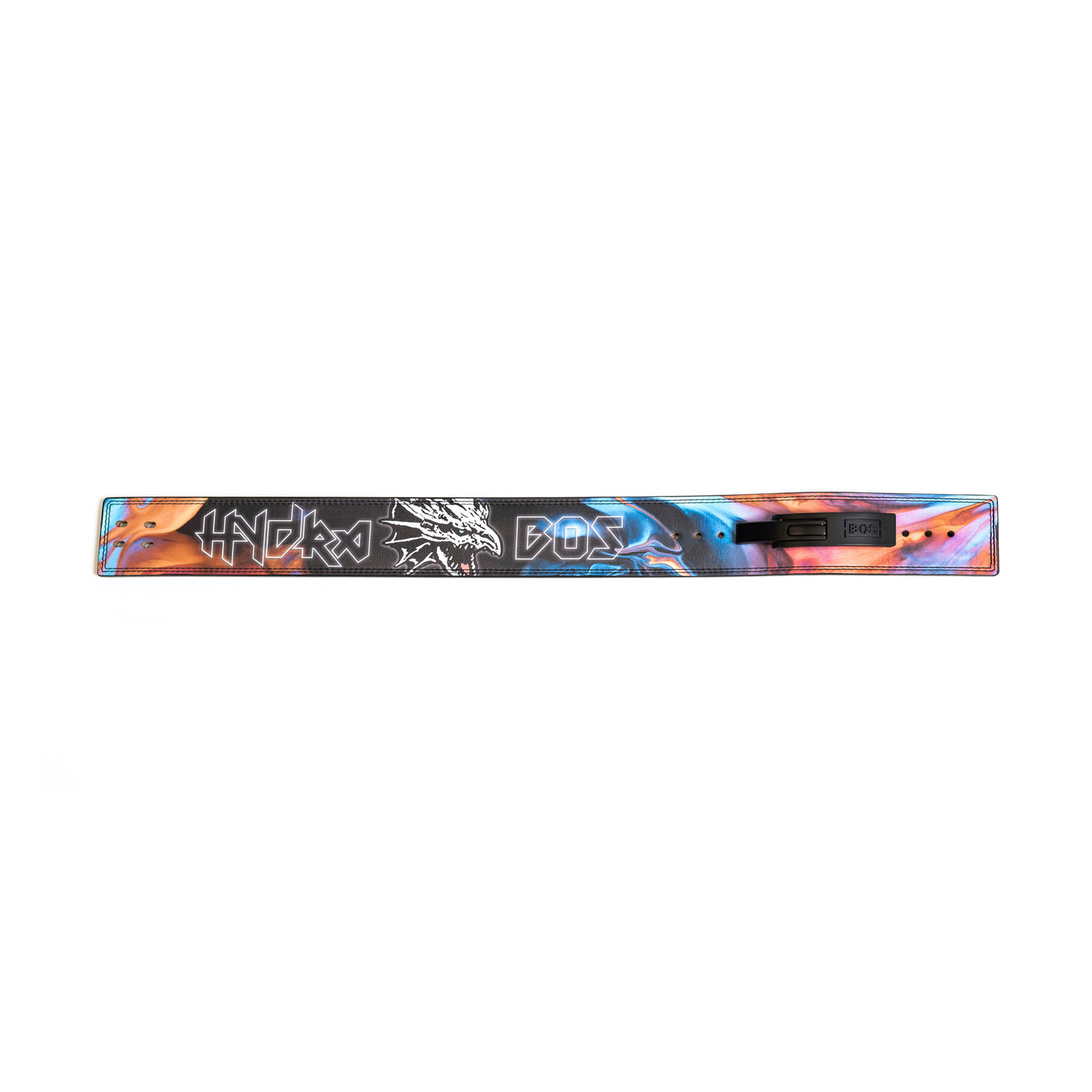 The Bells of Steel Lever Belt features a multicolored design with graffiti-style "HYDRO DOS" text in white on black, plus abstract blue, orange, and pink patterns—offering core support similar to a weightlifting belt.