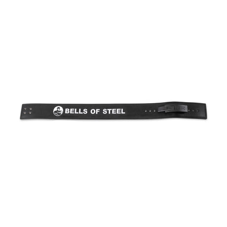 The Bells of Steel Lever Belt is a black weightlifting belt with a buckle, providing core support and showcasing "BELLS OF STEEL" text and a white logo on the front.