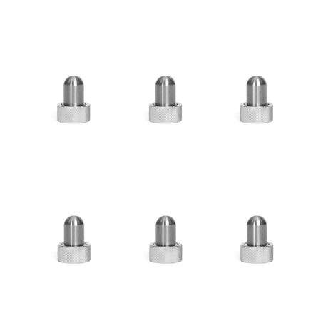 Six Bells of Steel Magnetic Rack Attachment Pins—small, cylindrical, metal with rounded tops and textured bases—are arranged in two neat rows on a white background.