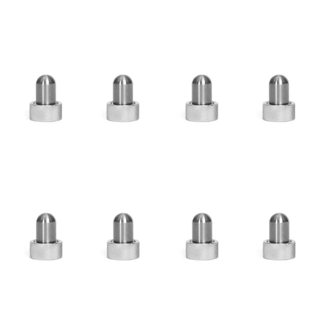Eight Bells of Steel Magnetic Rack Attachment Pins with cylindrical tops and knurled bases are arranged in two rows on a white background, ideal for use as magnetic hitch pins or power rack attachments.