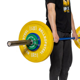 A person in a black shirt and dark pants holds a barbell with polished chrome Olympic sleeves. Yellow Bells of Steel weight plates, each 35 lbs, are secured with Spring Collars as the barbell is gripped at waist level.