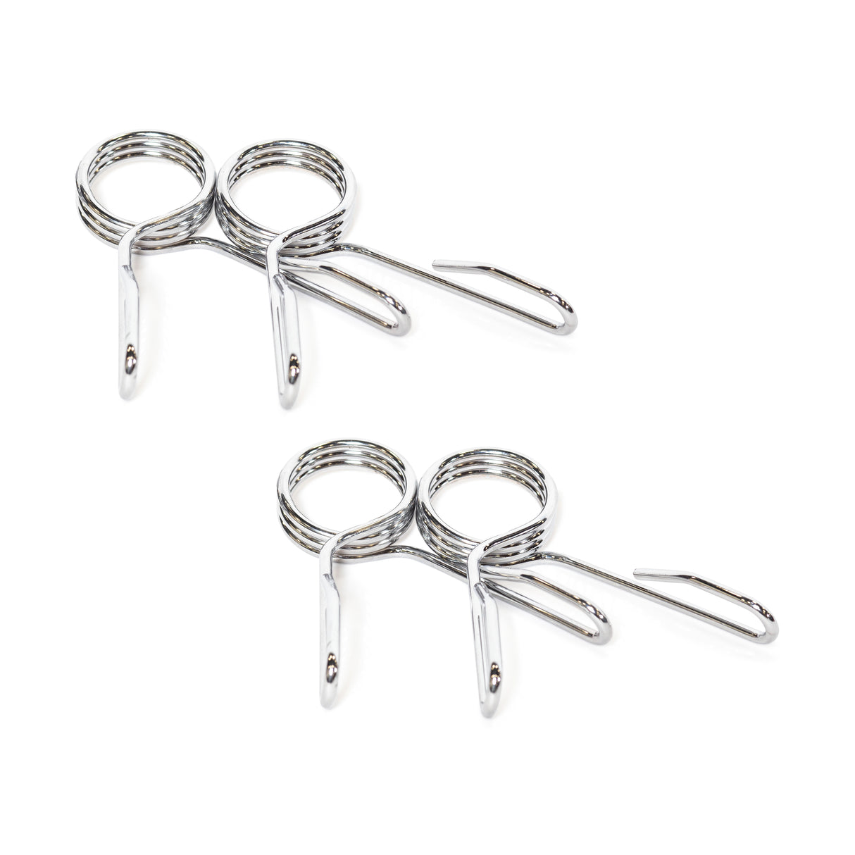 Two shiny, silver Spring Collars by Bells of Steel feature coiled handles and parallel gripping ends on a white background. These polished chrome collars are perfect for securing items like weight plates in place.