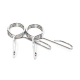 Two Bells of Steel Spring Collars, featuring coiled handles and curved ends, are shown side by side on a white background—ideal for securing Olympic barbells or weight plates.