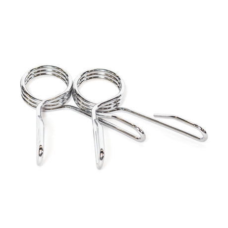 Two Bells of Steel Spring Collars, featuring coiled handles and curved ends, are shown side by side on a white background—ideal for securing Olympic barbells or weight plates.