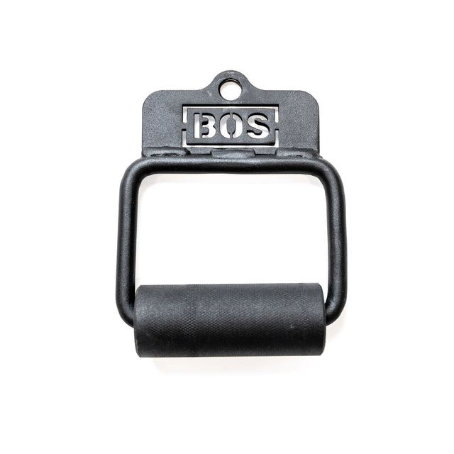 A black, wall-mounted bottle opener called the "Fat Bar - Single D Handle" by Bells of Steel features "BOS" lettering, a rectangular frame, and a bottom cylindrical roller for enhanced grip strength.