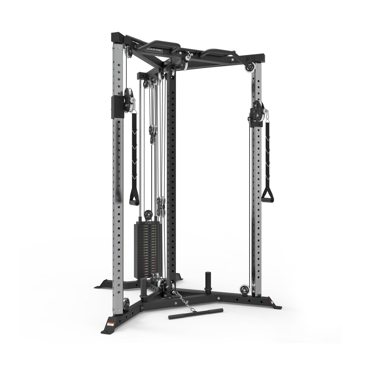 The Bells of Steel All-in-One Trainer is a multifunctional cable machine featuring silver metal framing, adjustable pulleys, and various handles. With a weight stack on one side, it is ideal for strength training exercises in a gym setting.