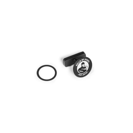 The Selfie Sentinel - Magnetic Rack Phone Holder by Bells of Steel USA is shown on a crisp white background alongside a black circular cap featuring a white flexed arm logo and “BELLS OF STEEL EST. 2010” text, as well as a black ring and the rectangular magnetic phone mount that can attach to your gym tripod.