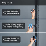 Three-step setup: attach the Bells of Steel USA Selfie Sentinel - Magnetic Rack Phone Holder to any metal surface, stick the included magnet to your phone if required, then place your phone on the Selfie Sentinel. Hands demonstrate each step.