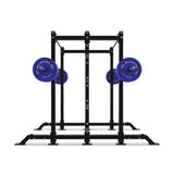 The Bells of Steel Hydra 2-Sided Rack is a sturdy black metal power rack with two blue barbells, featuring a rectangular frame and multiple adjustment holes—ideal for modular home gyms and strength training.