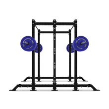 The Bells of Steel Hydra 2-Sided Rack is a sturdy black metal power rack with two blue barbells, featuring a rectangular frame and multiple adjustment holes—ideal for modular home gyms and strength training.