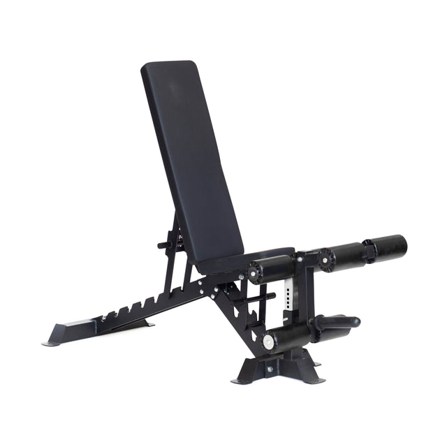 The Buzz-Saw Heavy-Duty Adjustable Bench by Bells of Steel has a black padded seat and backrest, sturdy steel frame, and leg support bar on a white background. Known for its durability, it supports up to 000lb for intense workouts.