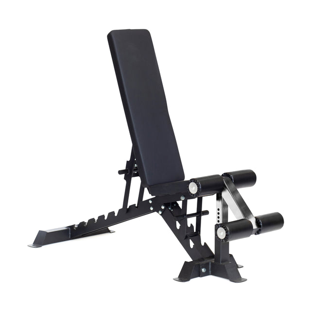 The Buzz-Saw Heavy-Duty Adjustable Bench by Bells of Steel is a black bench with a padded backrest and seat. It has an upright position, sturdy metallic frame, leg rollers, multiple adjustment notches for incline and decline exercises, and offers a 000lb max capacity.