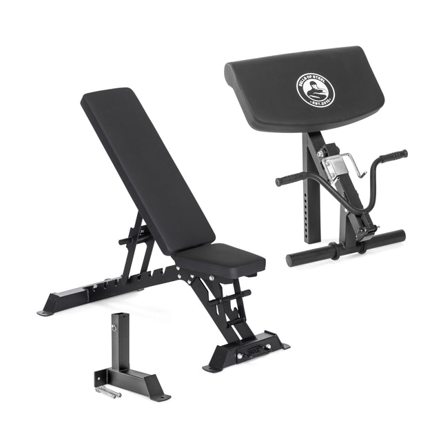 The Bells of Steel Buzz-Saw Heavy-Duty Adjustable Bench offers exercise versatility with its adjustable positions from flat to incline. It features a black padded seat, supportive backrest, preacher curl attachment with handlebars, and a convenient wall-mounted bracket.