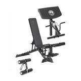 The Buzz-Saw Heavy-Duty Adjustable Bench by Bells of Steel offers exercise versatility with its black finish, leg extensions, and preacher curl attachment. The padded backrest and seat ensure comfort, while detachable heavy-duty components cater to various exercises.