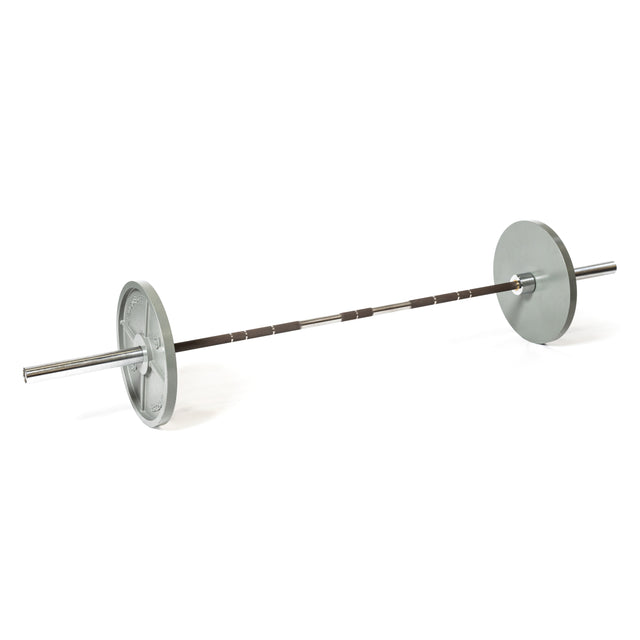 A Hydra Seven Ring Bar by Bells of Steel, tailored for powerlifting and featuring weight plates on each end, is set against a white background.