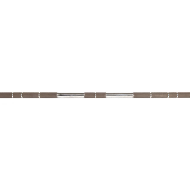 A minimalist image showcasing the Hydra Seven Ring Bar by Bells of Steel, adorned with brown and white stripes, set against a plain white background.