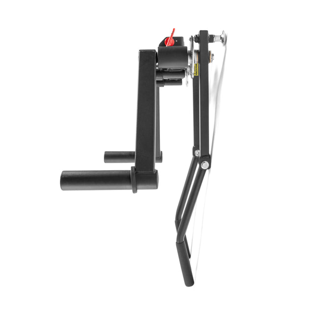 The Bells of Steel Shoulder Boulder/Chest Fly Attachment is a black metal exercise tool with two padded grips and an adjustable mechanism, perfect for upper body workouts. This space-saving attachment is ideal for strength training and achieving a V-taper using gym equipment like a power rack or pull-up bar.