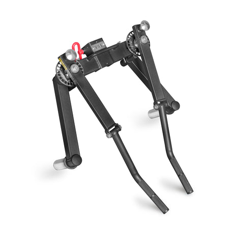 Introducing the Bells of Steel Shoulder Boulder/Chest Fly Attachment—a robust black metal accessory featuring adjustable arms, gear mechanisms, and a distinctive red latch. Designed to provide stable support for intense workouts, its durable construction makes it as versatile and reliable as a power rack attachment, ensuring dependable performance during even the most demanding training sessions.