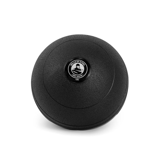 A black Slam Ball from Bells of Steel, featuring a white emblem with "LBs 10 KGs 45" at the center, is ideal for strength training. Its textured surface enhances cardio workouts by building endurance and explosive power.