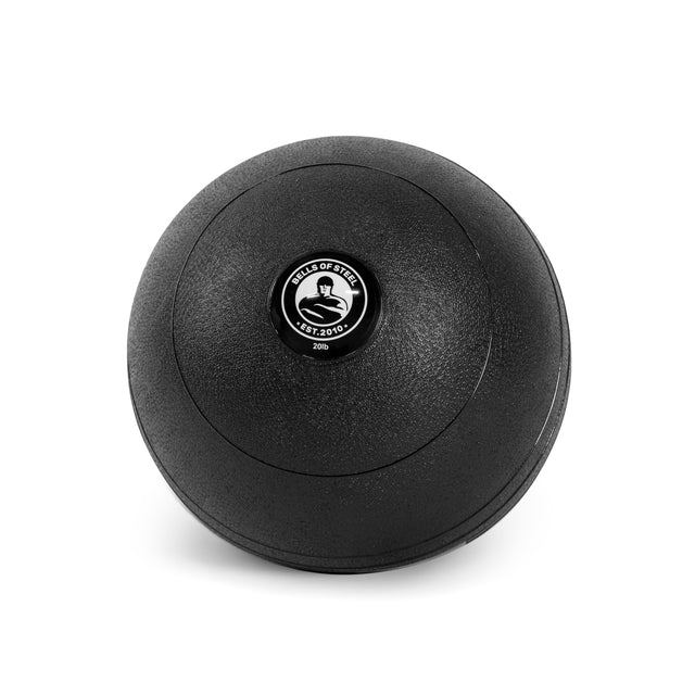 A black Bells of Steel Slam Ball, featuring a textured surface and central logo with weight details, is set against a plain white background, perfect for explosive power and cardio workouts.