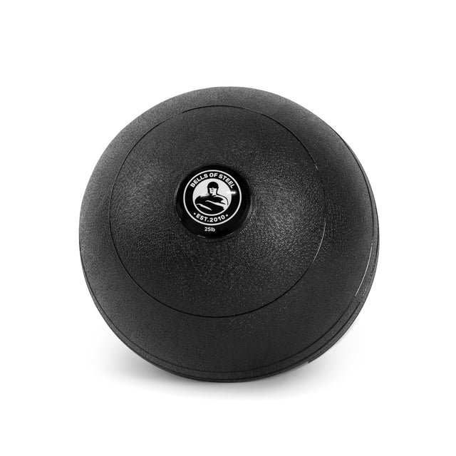 The Bells of Steel slam ball features a textured black surface with a weightlifter logo and "Bells of Steel, Est. 2010" text, ideal for building explosive power through strength training and cardio workouts.