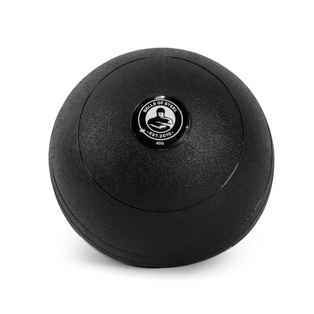 A black slam ball with a circular label displaying a logo and text. It features a textured surface for explosive power in cardio workouts. The label shows it's by Bells of Steel and weighs 40 lb.