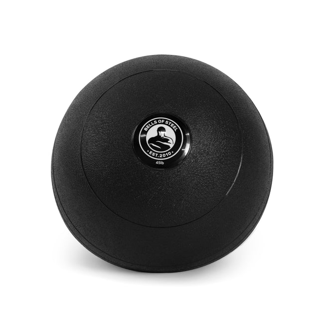 The Bells of Steel slam ball, 45lb, is ideal for cardio and building explosive power. It features a small central logo reading "Bells of Steel EST. 2010" and has a textured surface, shown upright on a white background.