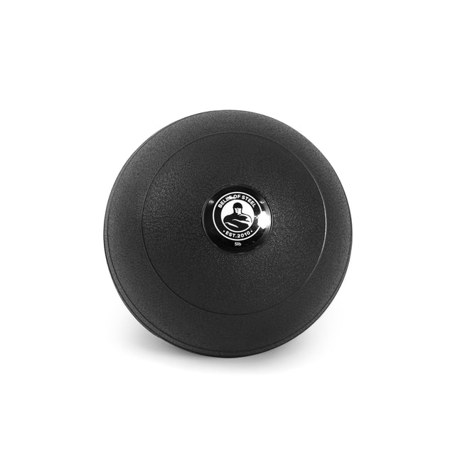 The Bells of Steel Slam Ball, a black leather medicine ball with "Head of Steel" and "8B" weightlifter logo at the center, is designed for sport-specific power, cardio workouts, and strength training. Its textured surface ensures durability during rigorous exercises.