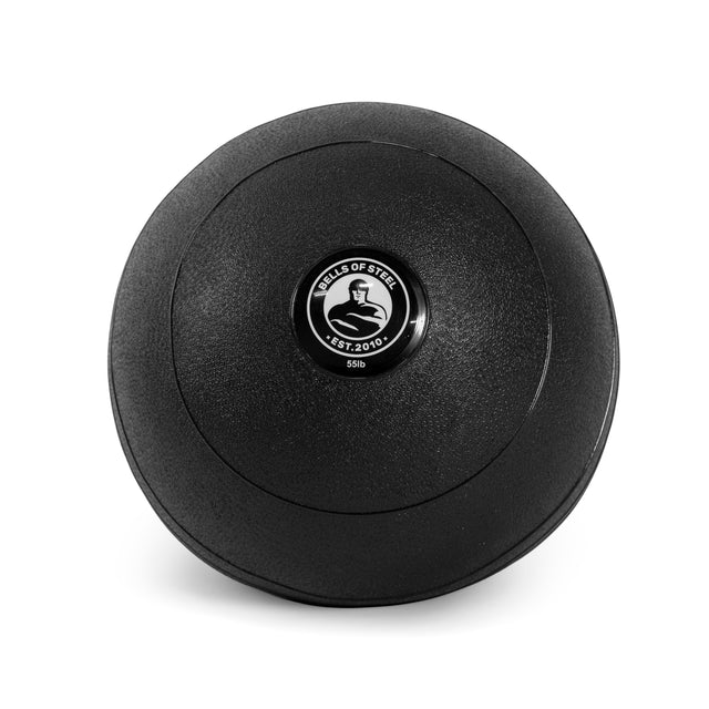 A black 55 lb slam ball branded "Bells of Steel" is displayed on a white background. Featuring a kettlebell icon and "EST. 2010" text, it's ideal for boosting explosive power in cardio workouts.