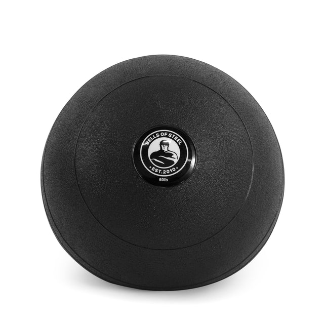 The 60-pound black slam ball from Bells of Steel is ideal for cardio and explosive workouts, featuring a central logo of a weightlifting silhouette, "BELLS OF STEEL," "EST. 2010," and a textured rubber finish.