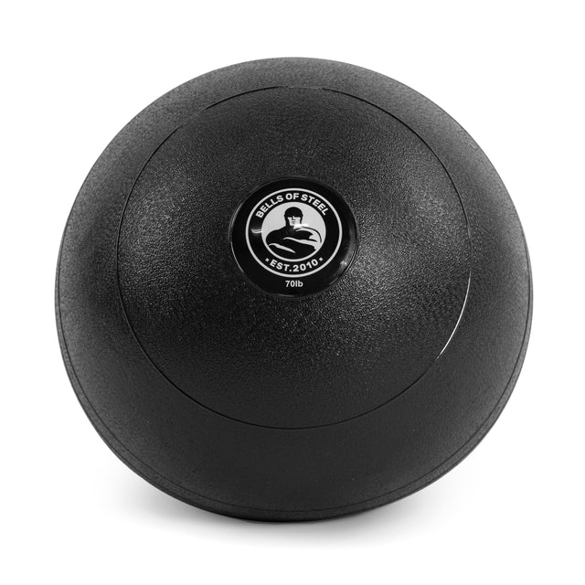 The Bells of Steel Slam Ball, featuring a textured black surface and center logo "Bells of Steel EST. 2010," weighs 70 pounds. Ideal for boosting explosive power in cardio workouts, it sits on a white background highlighting its spherical shape and rugged design.