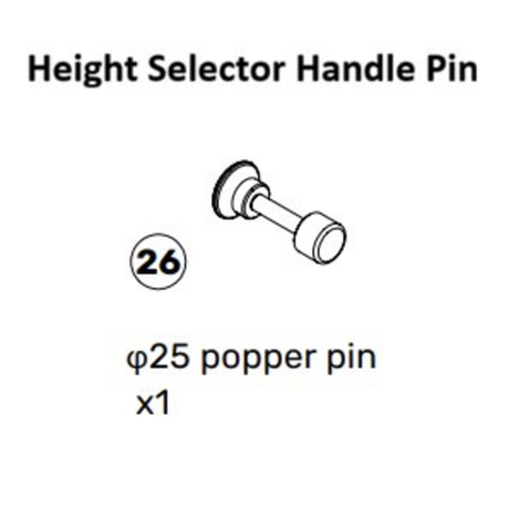 Diagram of a height selector handle pin labeled "26" with text: "φ25 popper pin x1." This pin, a component of the Oblivyon Cable Tower Spare Parts by Bells of Steel USA, is commonly used in Plate Loaded and Weight Stack equipment. It features a round knob on one end and a circular flange near the middle.