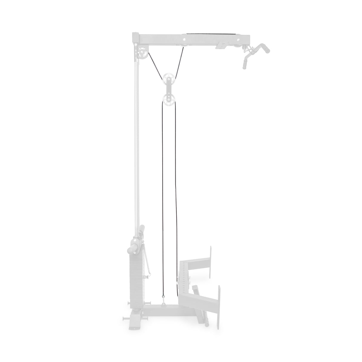 Illustration of the Bells of Steel USA 84" Hydra/Manticore Lat Pulldown Attachment Cables depicts a metal frame with adjustable weights, a Hydra-like pulley system, top handles, and a seated row attachment. Set against a faded background, it offers replacement cable options.