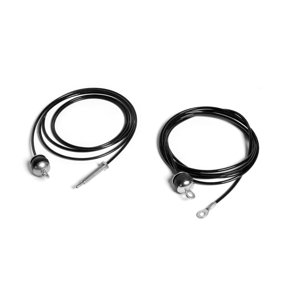 Two coiled black replacement cables with metallic connectors, one pin and one circular loop, are displayed on a white background. They're specifically designed as 90" Hydra/Manticore Lat Pulldown Attachment Cables by Bells of Steel USA.