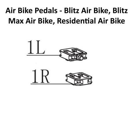 Diagram showing left (1L) and right (1R) pedals from the Air Bike Spare Parts by Bells of Steel USA, compatible with Blitz Air Bike, Blitz Max Air Bike, and Residential Air Bike. Each pedal is clearly labeled and displayed separately to easily identify the correct replacement or maintenance part for your air bike.
