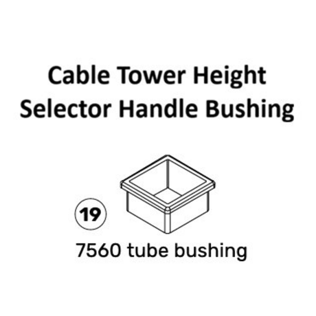 Line drawing of a square bushing labeled “Cable Tower Spare Parts (STK-PULT4-MA / PULT5-MA)” by Bells of Steel USA, with the number 19 and the text “7560 tube bushing” below the image, commonly used in plate-loaded cable or weight stack cable systems for secure cable tower selector knob operation.