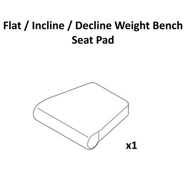 Black line drawing of a padded, wedge-shaped FID Bench Spare Parts seat pad from Bells of Steel USA, labeled "x1." Text above reads, "Flat / Incline / Decline Weight Bench Seat Pad." Ideal as a spare or replacement back pad for your weight bench. White background.
