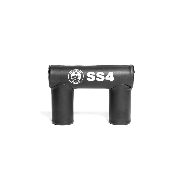 A black leather padded gym accessory labeled "Pad for Safety Squat Bar" by Bells of Steel USA is shown against a white background. Its inverted "U" design features cylindrical supports connected by a horizontal padded section to ensure optimal comfort and support.