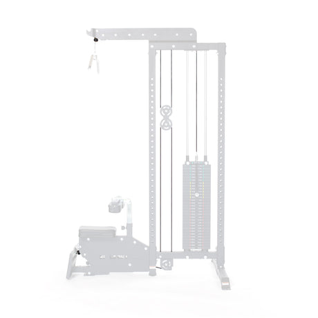 The Bells of Steel USA Selectorized Lat Pulldown Low Row Machine Cables is designed for triceps exercises with an overhead pulley, black handles, weight stack, padded seat, and a sleek gray metal frame for versatile workouts.