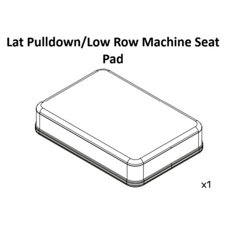 Line drawing of a rectangular seat pad, shown as a spare part under "Lat Pulldown / Low Row Machine Spare Parts" from Bells of Steel USA, with a quantity of one. Perfect for maintaining comfort and stability when using the machine’s cables.