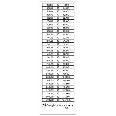 A chart of weight stack stickers, designed for the Bells of Steel USA Lat Pulldown / Low Row Machine, displays corresponding weights in pounds (10 to 300 lbs) and kilograms (4.5 to 136.4 kg). The bottom note reads: “Weight stack stickers x30.” Perfect as a spare part or for updating your machine cables.