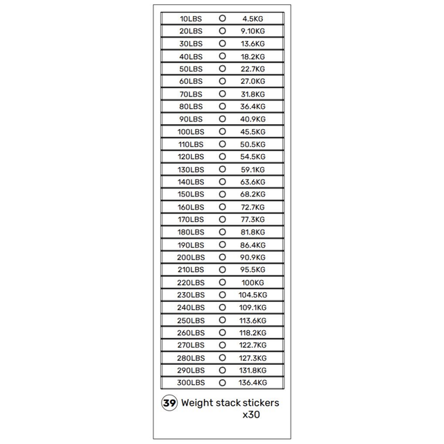A chart of weight stack stickers, designed for the Bells of Steel USA Lat Pulldown / Low Row Machine, displays corresponding weights in pounds (10 to 300 lbs) and kilograms (4.5 to 136.4 kg). The bottom note reads: “Weight stack stickers x30.” Perfect as a spare part or for updating your machine cables.