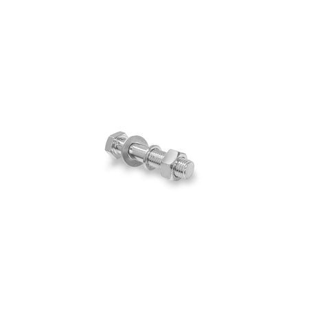 Close-up of a silver bolt with two hex nuts and metal washers, resembling components from the Manticore Hardware by Bells of Steel, loosely assembled to showcase their parts and threads on a white background.