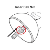 Line drawing of a hand holding a dome-shaped part from the Adjustable Kettlebell & Macebell Spare Parts by Bells of Steel USA, showing an exposed threaded rod. A red circle and arrow emphasize the component labeled "Inner Hex Nut" on the rod, indicating where a hex wrench is used for adjustments.