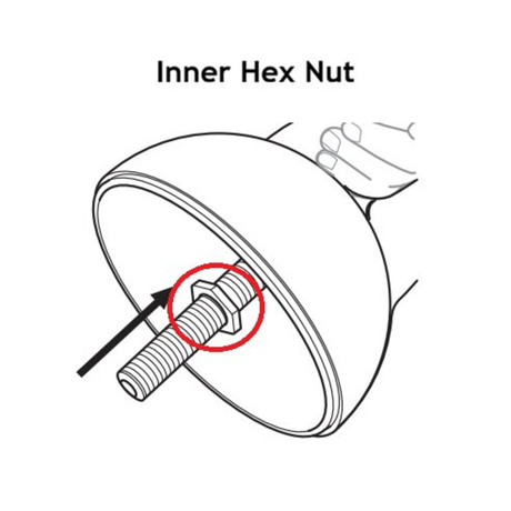 Line drawing of a hand holding a dome-shaped part from the Adjustable Kettlebell & Macebell Spare Parts by Bells of Steel USA, showing an exposed threaded rod. A red circle and arrow emphasize the component labeled "Inner Hex Nut" on the rod, indicating where a hex wrench is used for adjustments.